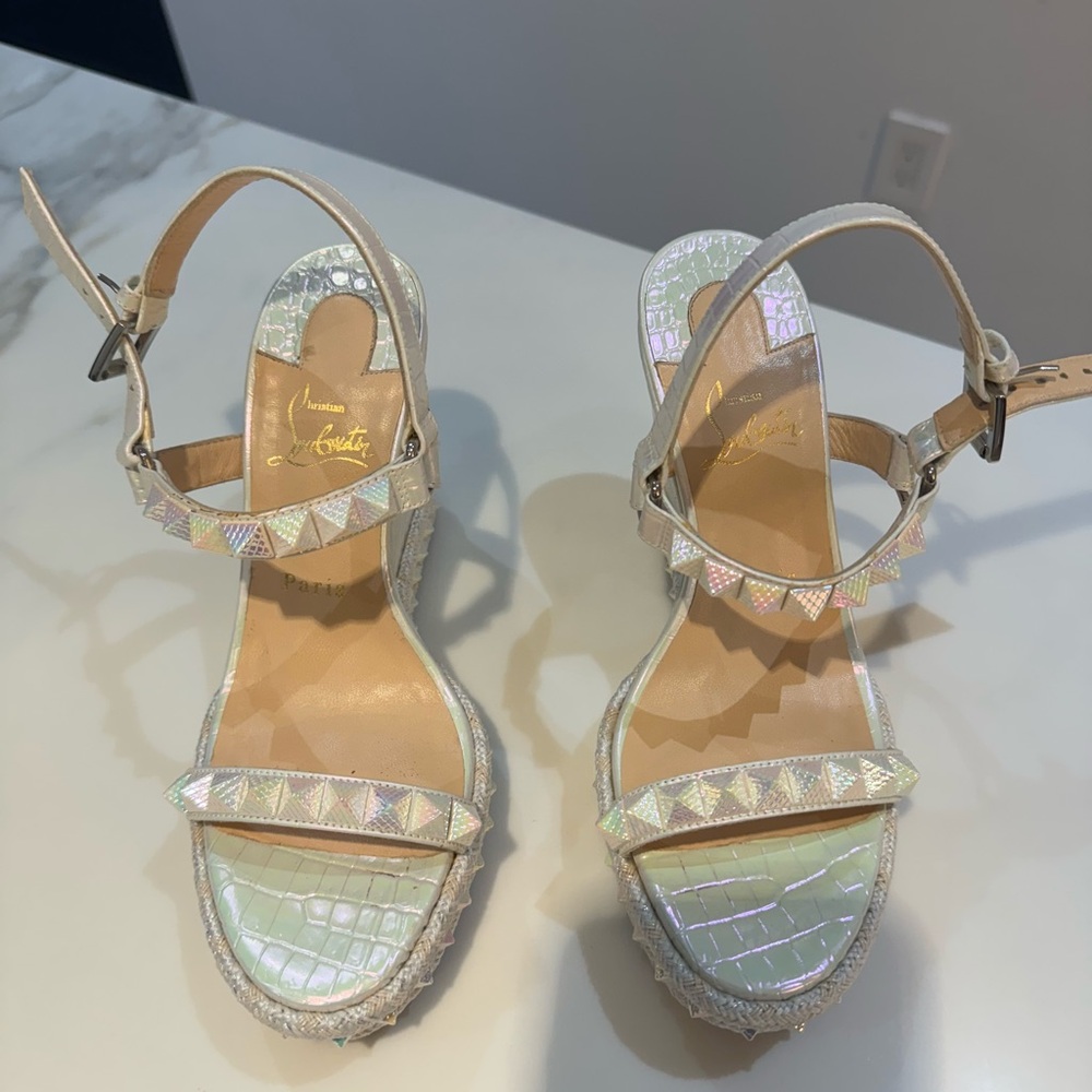 White iridescent Louboutin Wedges!